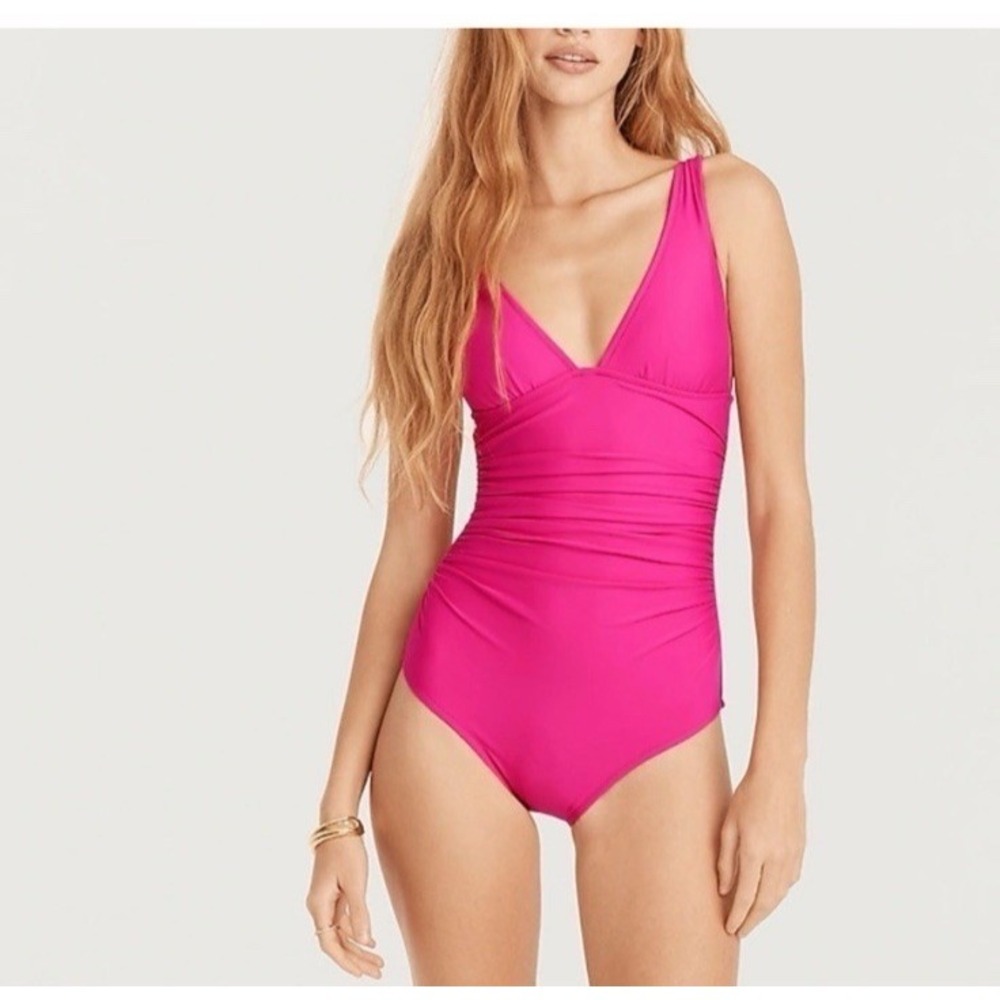 J. Crew Womens Size 8 Ruched V-Neck One-Piece Swimsuit Pink Resort Beach